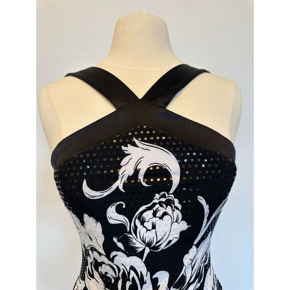 Cache Black White Dress with Sequins, Flowers, and Cross Front Detail Size 4 - Picture 4 of 7